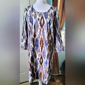 MICHAEL Michael Kors Ikat Print Midi Dress Women's 12 Blue Brown & White Cut Out